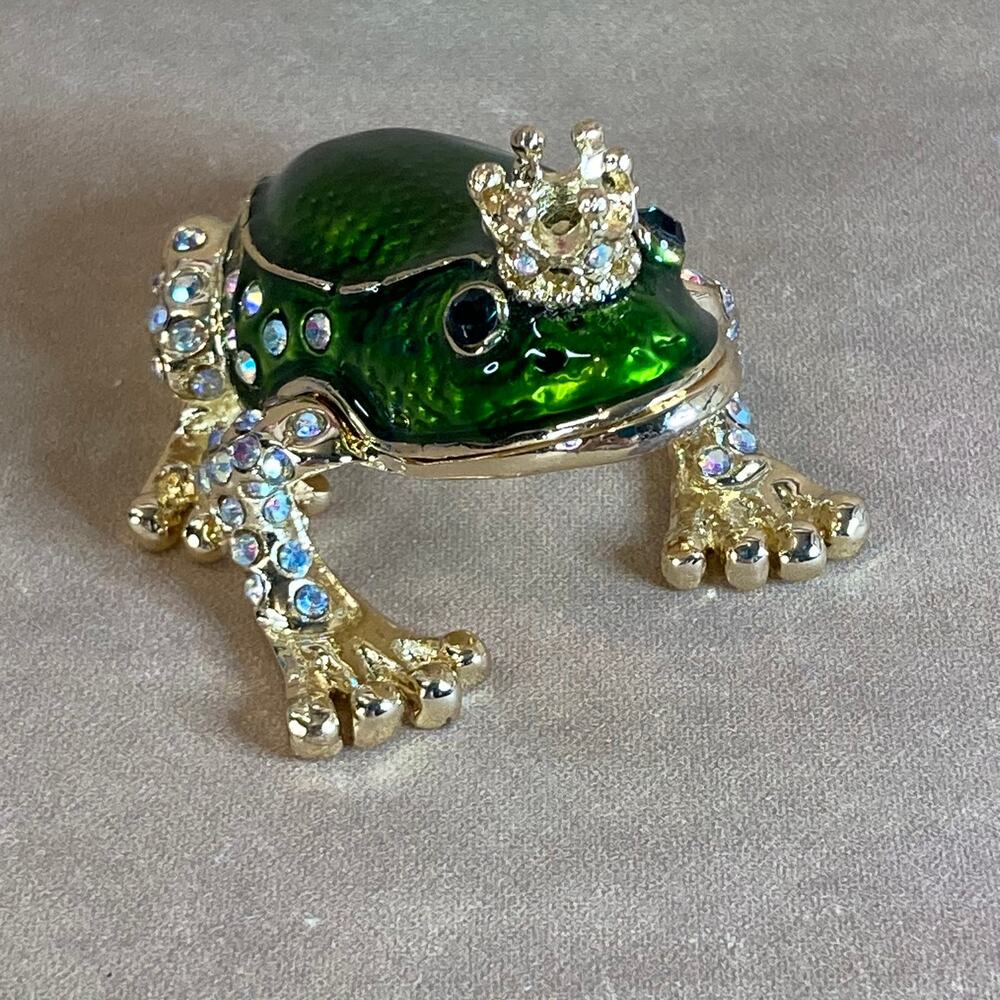 Gold Tone and Green Enamel Frog Prince Trinket Box w/Aurora Borealis Crystals - Picture 2 of 8
